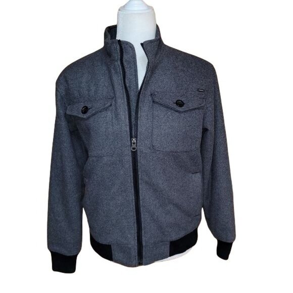 Quiksilver Boys Sz Large Gray Wool Blend Bomber Jacket Full Zip Buttoned Pockets - Picture 2 of 7